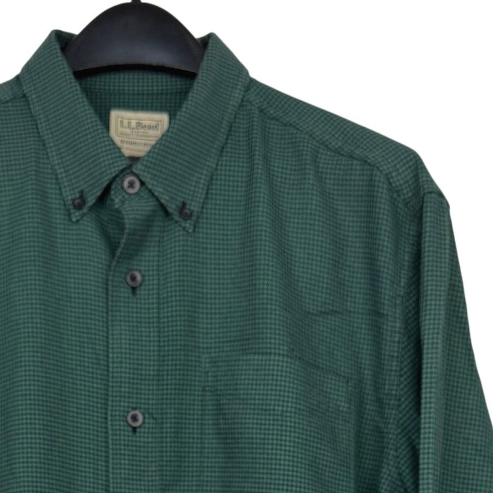 L.L.Bean FLANNEL Shirt Houndstooth Mens L Button Down Long SleeveGreen Navy